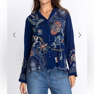 Johnny Was Prue Blouse Embroidered Blue Botanical Size XS EUC